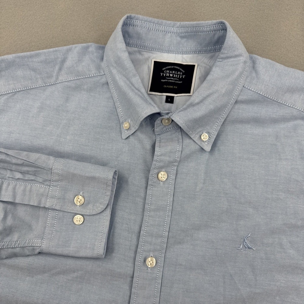 Charles Tyrwhitt Classic Fit Oxford Button Down Mens L Blue Logo Casual Preppy